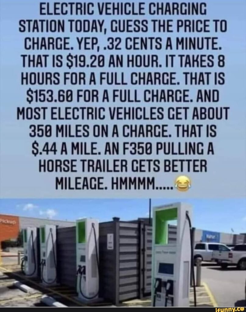 An anti-EV meme providing incorrect information about how long it takes to charge an EV.